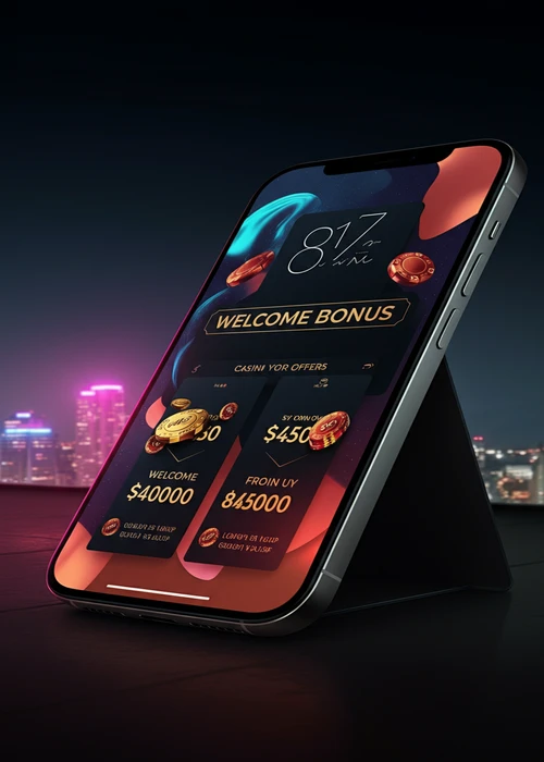 An illustration of a Roospin Casino bonus banner displaying a 73% welcome offer, with vibrant graphics of slot games and casino chips, inviting players to claim their bonus and explore the platform.